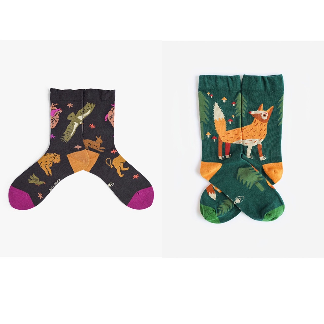 設計師動物系列純棉中筒襪-(森林裡的狐狸、獅子與老鷹)