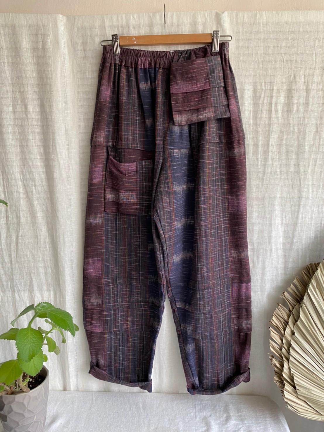 泰國質感手織布拼裝口袋藕紫寬褲
